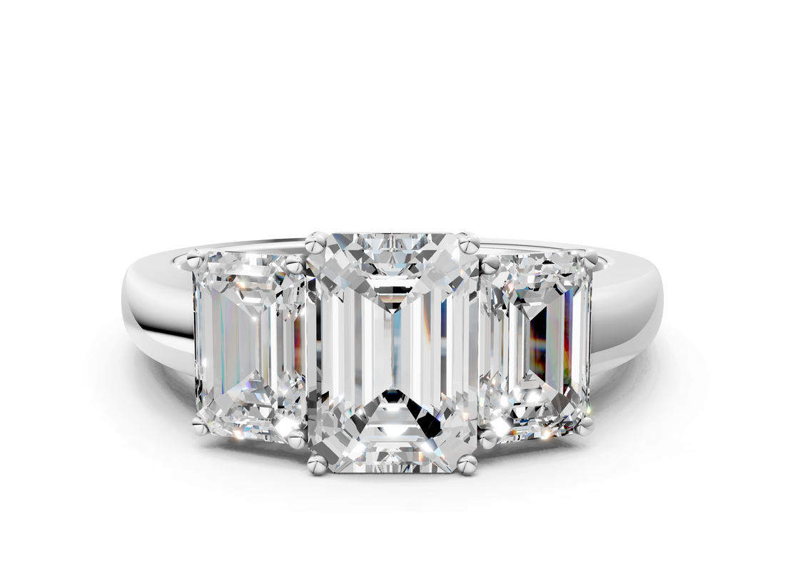 White gold Three-Stone Emerald Cut Diamond Ring with Channel-Set Band and Four-Prong Setting_68