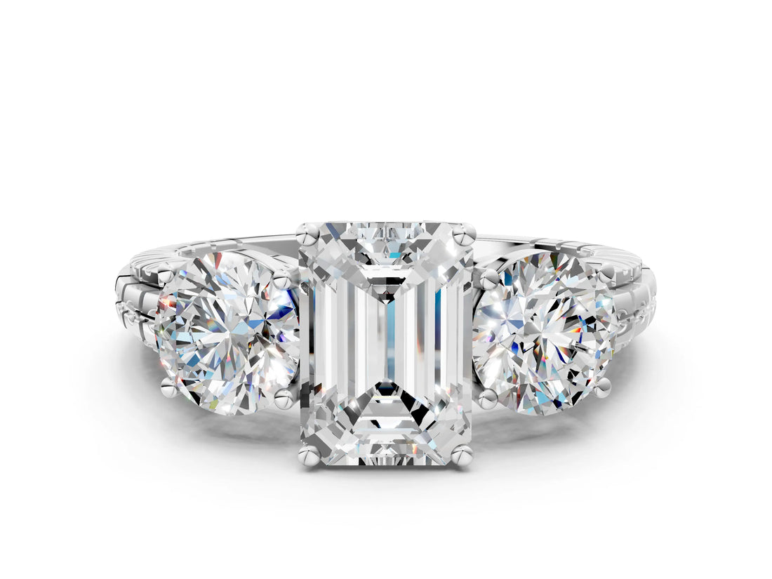White gold Three-Stone Emerald Cut Diamond Ring with Channel-Set Band and Prong Setting_6