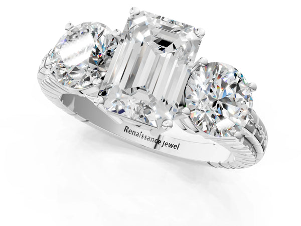 White Gold Emerald Cut Three-Stone Engagement Ring Setting with Engraved Notched Band