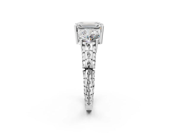 White Gold Emerald Cut Three-Stone Engagement Ring Setting with Engraved Notched Band