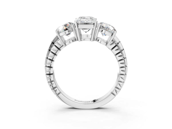 White Gold Emerald Cut Three-Stone Engagement Ring Setting with Engraved Notched Band