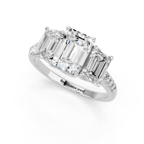 White gold Three-Stone Emerald Cut Diamond Ring with Pavé Band and Prong Setting_11