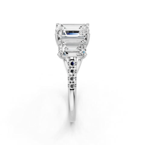 White gold Three-Stone Emerald Cut Diamond Ring with Pavé Band and Prong Setting_12