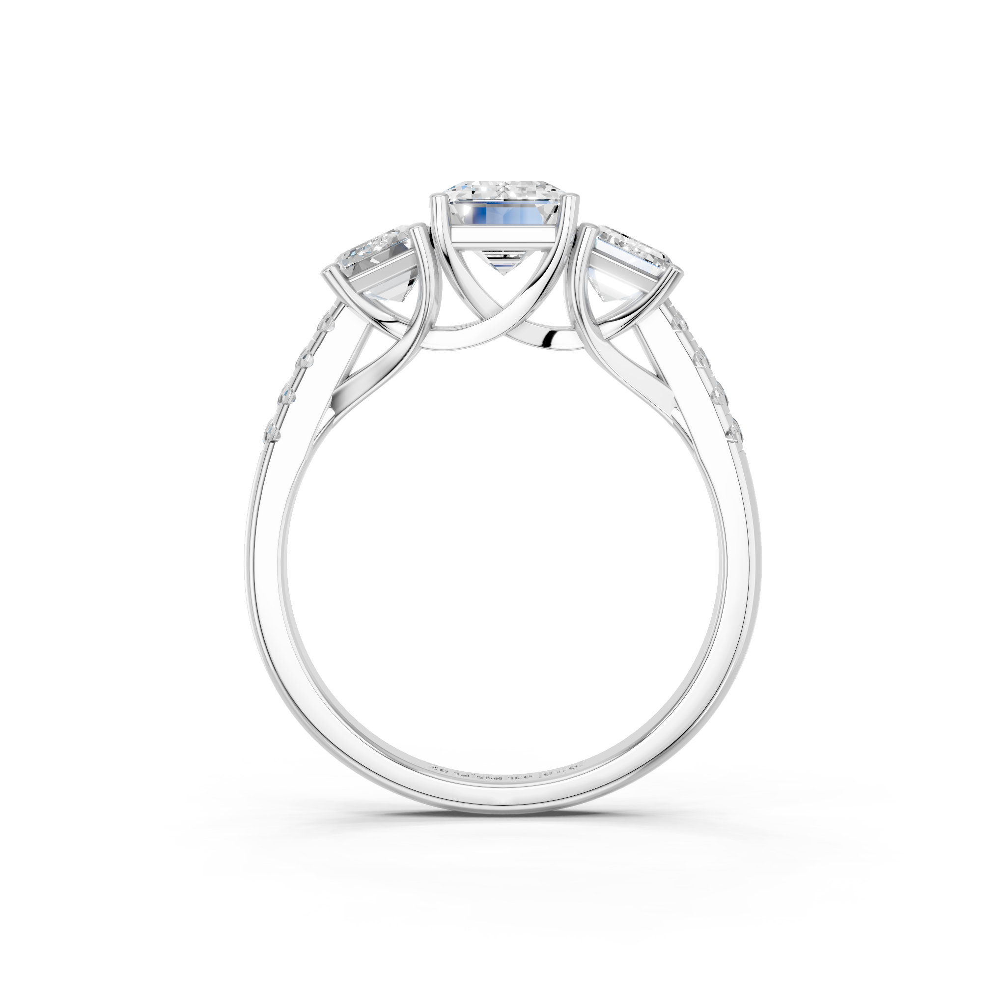 White gold Three-Stone Emerald Cut Diamond Ring with Pavé Band and Prong Setting_13