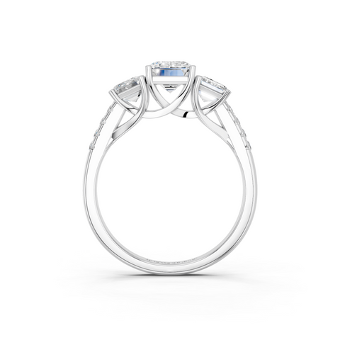 White gold Three-Stone Emerald Cut Diamond Ring with Pavé Band and Prong Setting_13