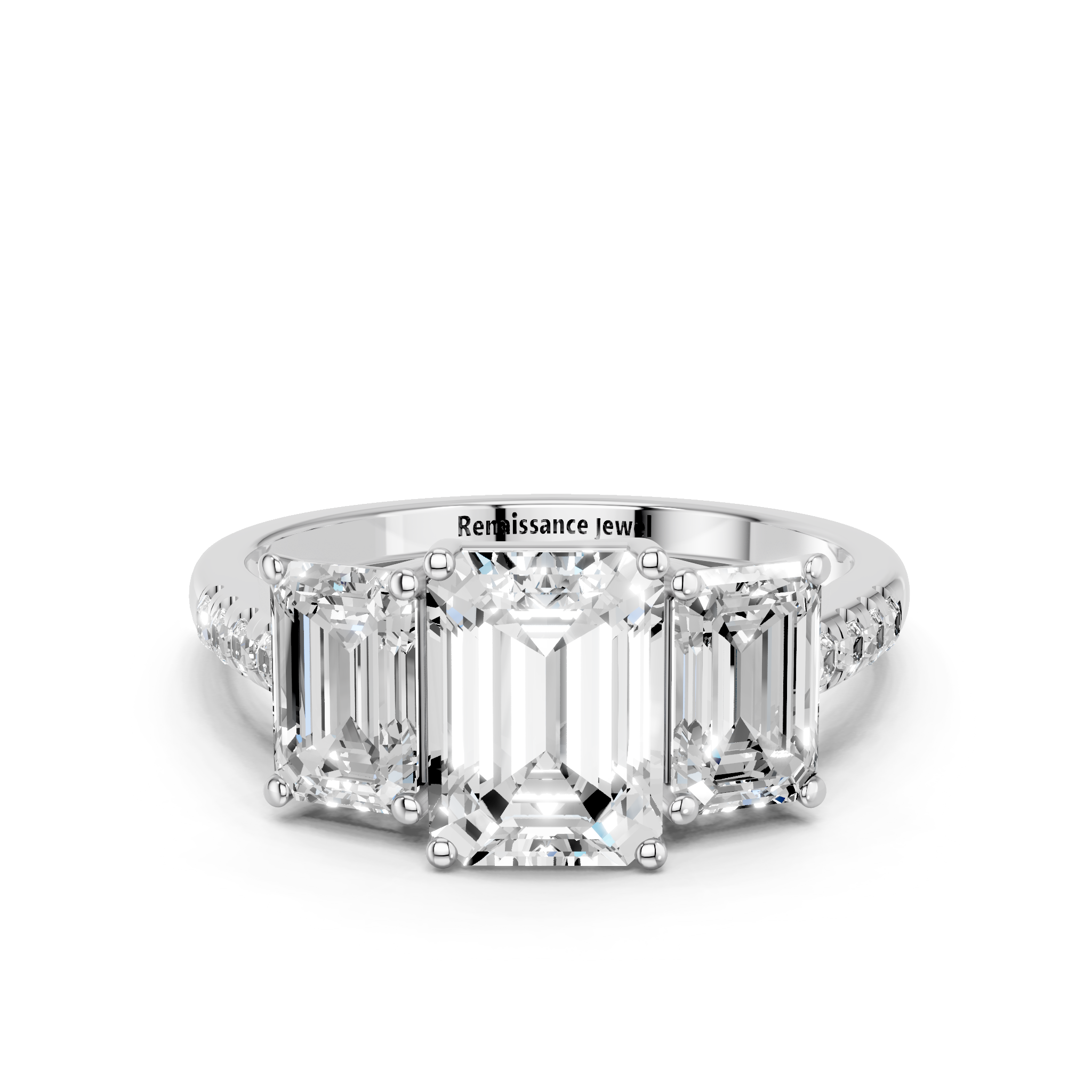 White gold Three-Stone Emerald Cut Diamond Ring with Pavé Band and Prong Setting_19