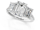 10K White Gold Three-Stone 2.50 Carat D VVS2 Emerald Diamond Ring with Round Pavé Band and Prong Setting