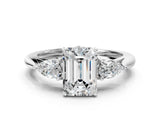 White gold Three-Stone Emerald Cut Diamond Ring with Pear  Side Stones in Four-Prong Setting_16