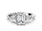 White gold Three-Stone Emerald Cut Diamond Ring with Pear Side Stones in Four-Prong Setting_218