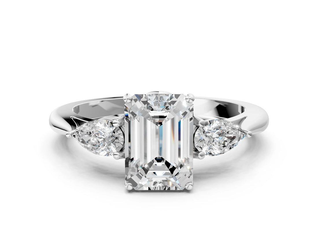 White gold Three-Stone Emerald Cut Diamond Ring with Pear  Side Stones in Four-Prong Setting_22