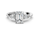 White gold Three-Stone Emerald Cut Diamond Ring with Pear  Side Stones in Four-Prong Setting_22
