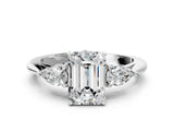 White gold Three-Stone Emerald Cut Diamond Ring with Pear  Side Stones in Four-Prong Setting_64