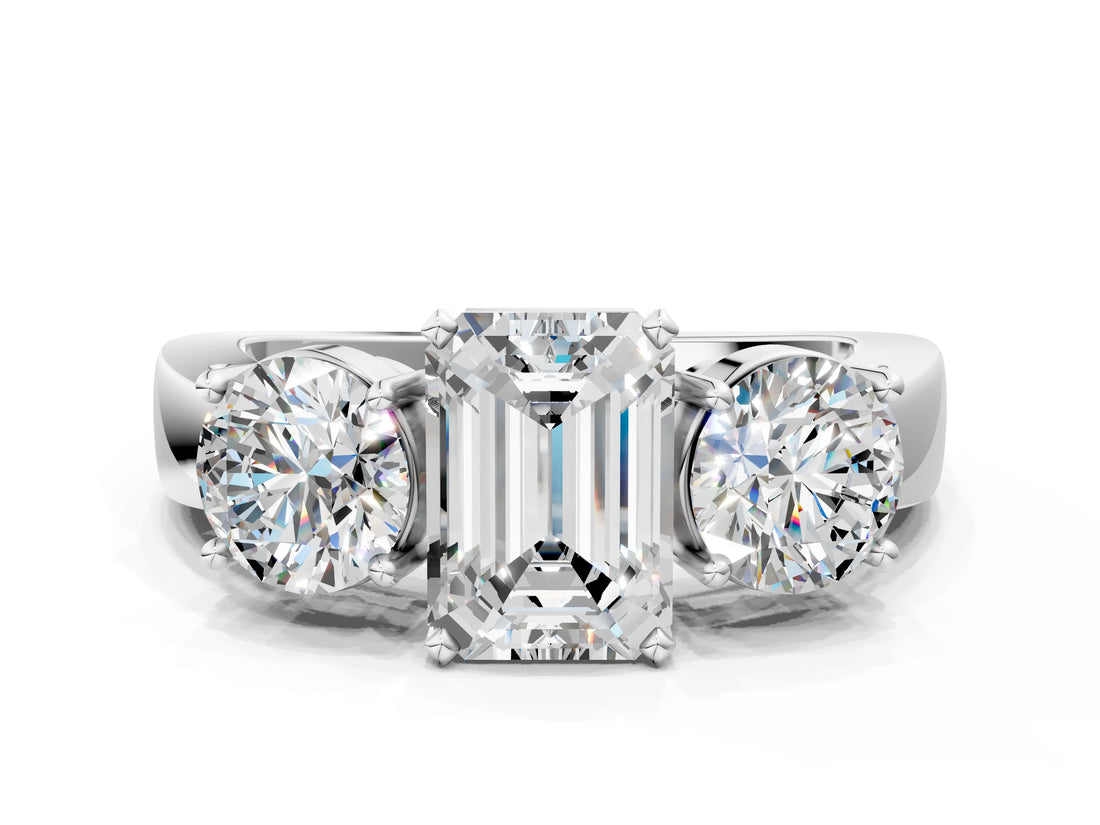 White gold Three-Stone Emerald Cut Diamond Ring with Round Side Stones, Classic Band, and Four-Prong Setting_7
