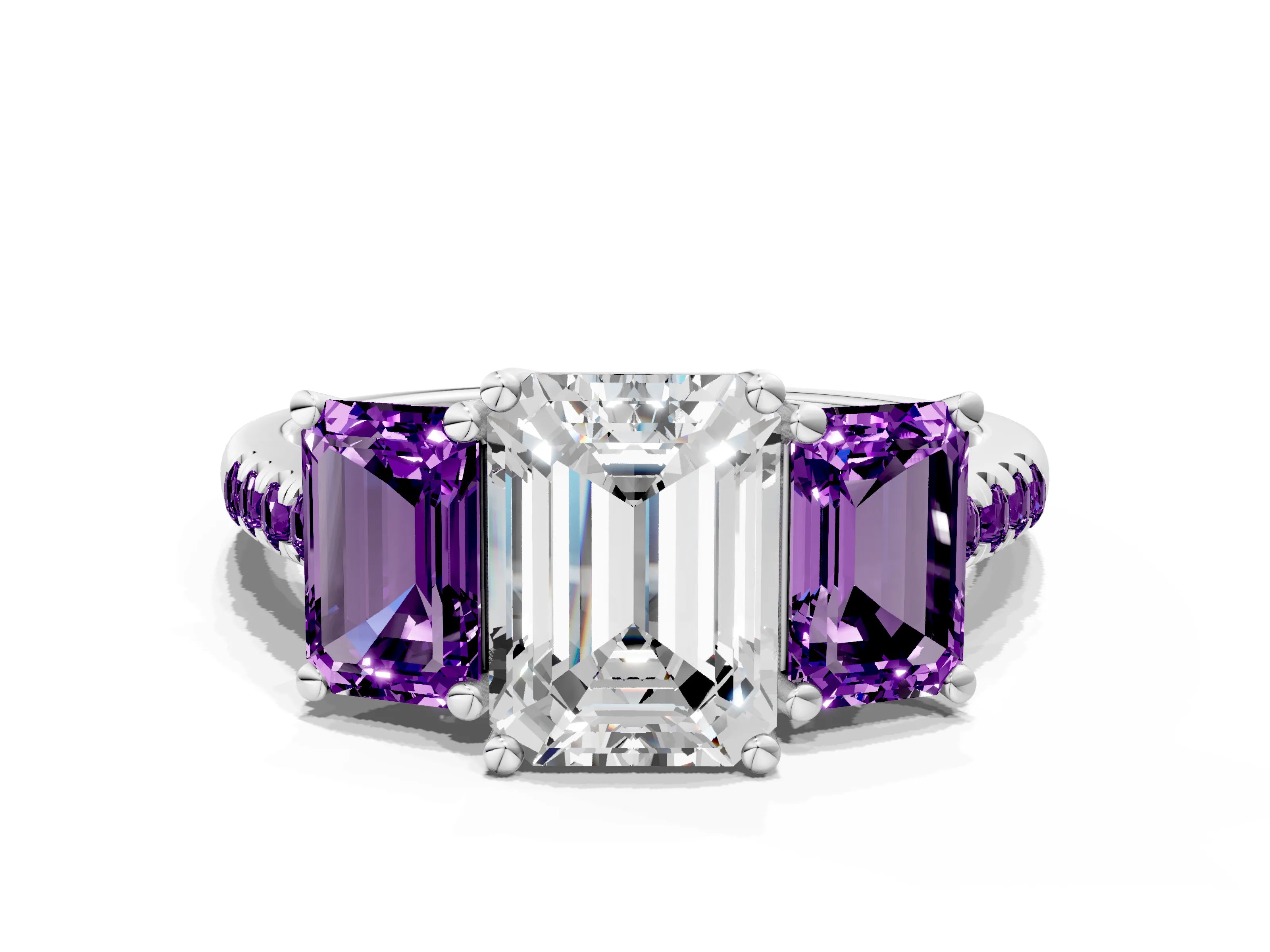 White gold Three-Stone Emerald Cut Diamond Ring with Round with Amethyst side stone Pavé Band and Prong Setting
