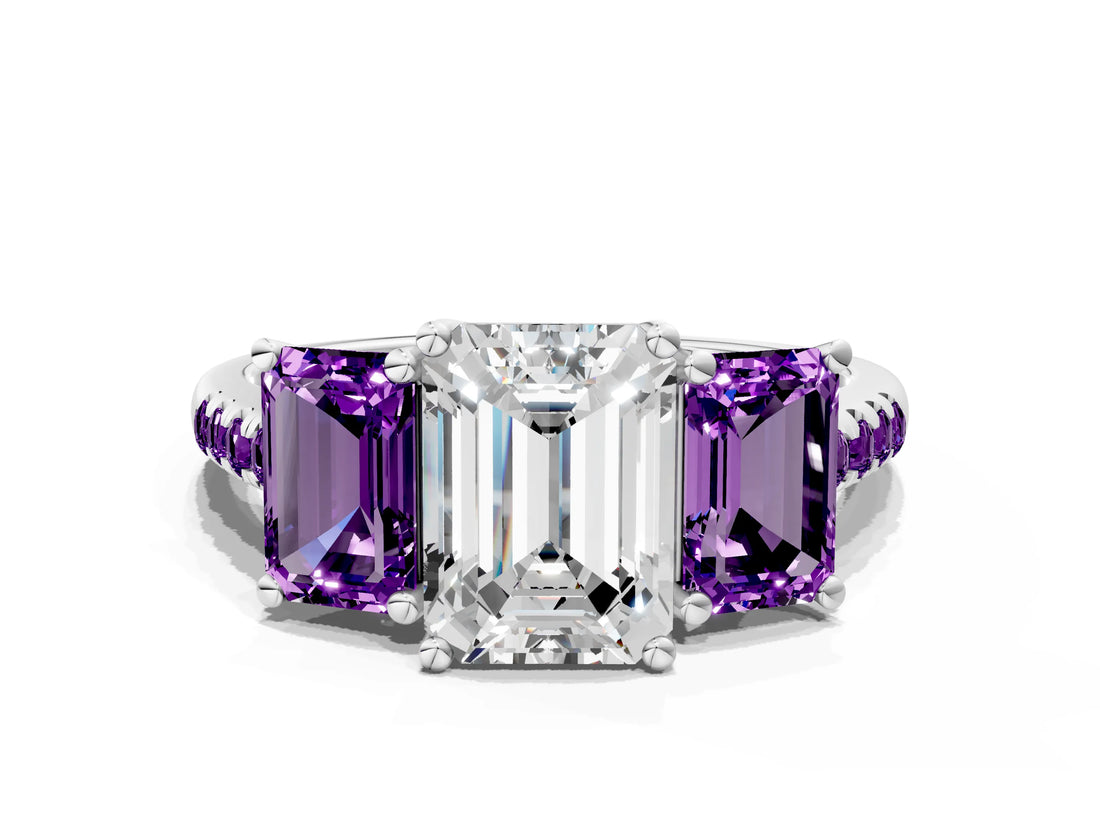 White gold Three-Stone Emerald Cut Diamond Ring with Round with Amethyst side stone Pavé Band and Prong Setting