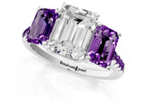 White gold Three-Stone Emerald Cut Diamond Ring with Round with Amethyst side stone Pavé Band and Prong Setting_1
