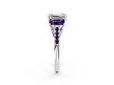 White gold Three-Stone Emerald Cut Diamond Ring with Round with Amethyst side stone Pavé Band and Prong Setting_14