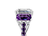 White gold Three-Stone Emerald Cut Diamond Ring with Round with Amethyst side stone Pavé Band and Prong Setting_17
