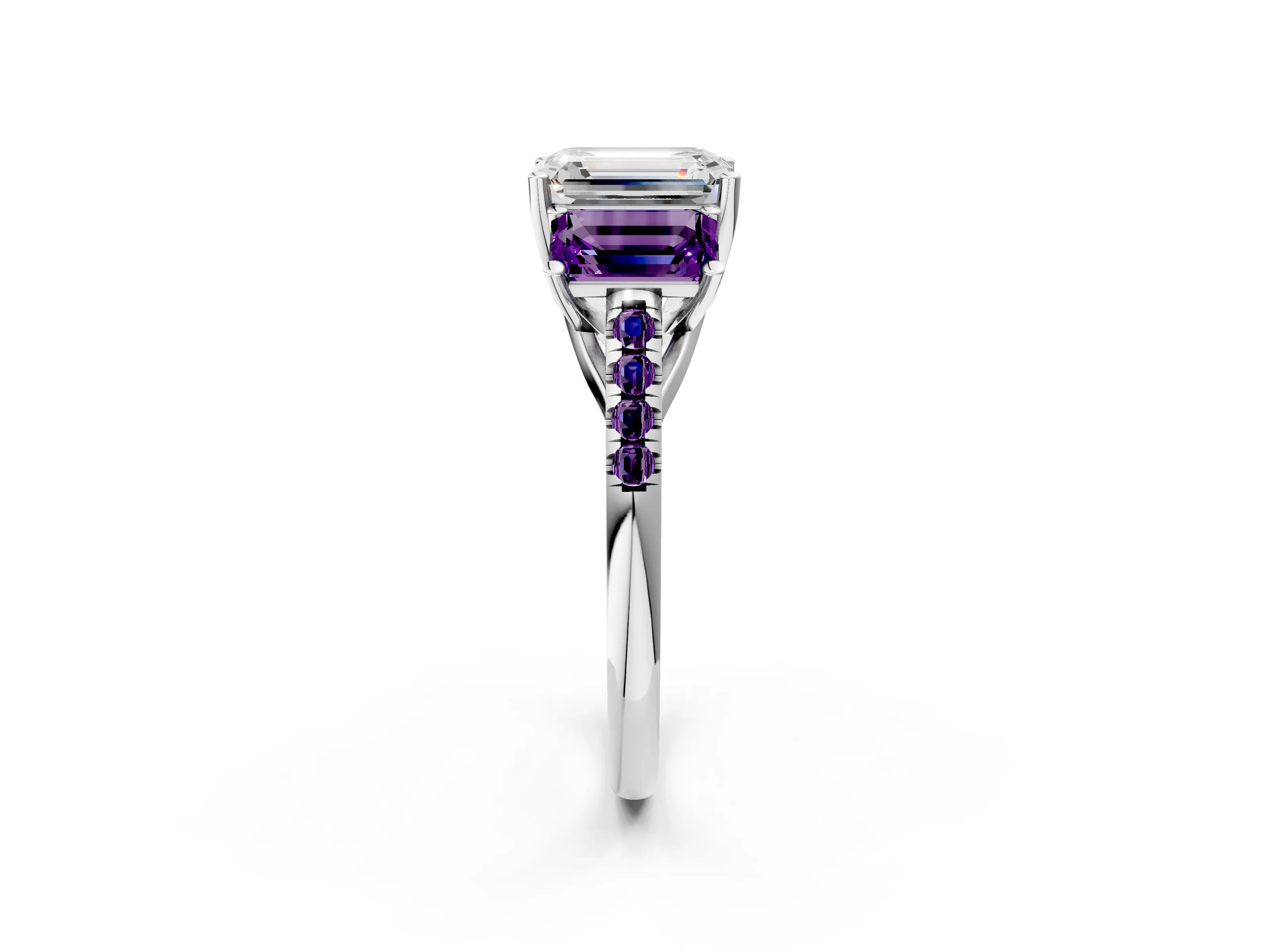 White gold Three-Stone Emerald Cut Diamond Ring with Round with Amethyst side stone Pavé Band and Prong Setting_2