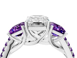 White gold Three-Stone Emerald Cut Diamond Ring with Round with Amethyst side stone Pavé Band and Prong Setting_23
