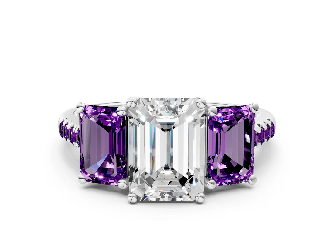 White gold Three-Stone Emerald Cut Diamond Ring with Round with Amethyst side stone Pavé Band and Prong Setting_24