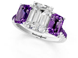 White gold Three-Stone Emerald Cut Diamond Ring with Round with Amethyst side stone Pavé Band and Prong Setting_25