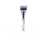 White gold Three-Stone Emerald Cut Diamond Ring with Round with Amethyst side stone Pavé Band and Prong Setting_26