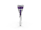 White gold Three-Stone Emerald Cut Diamond Ring with Round with Amethyst side stone Pavé Band and Prong Setting_2