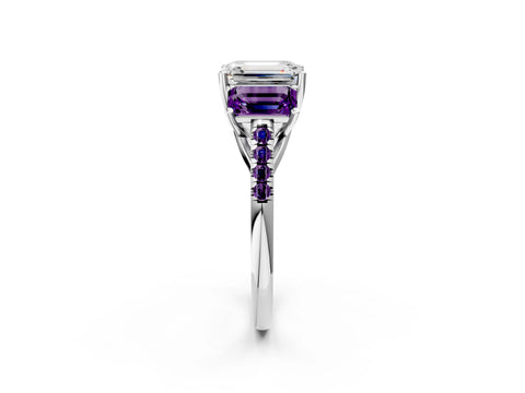 White gold Three-Stone Emerald Cut Diamond Ring with Round with Amethyst side stone Pavé Band and Prong Setting_2