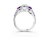White gold Three-Stone Emerald Cut Diamond Ring with Round with Amethyst side stone Pavé Band and Prong Setting_3