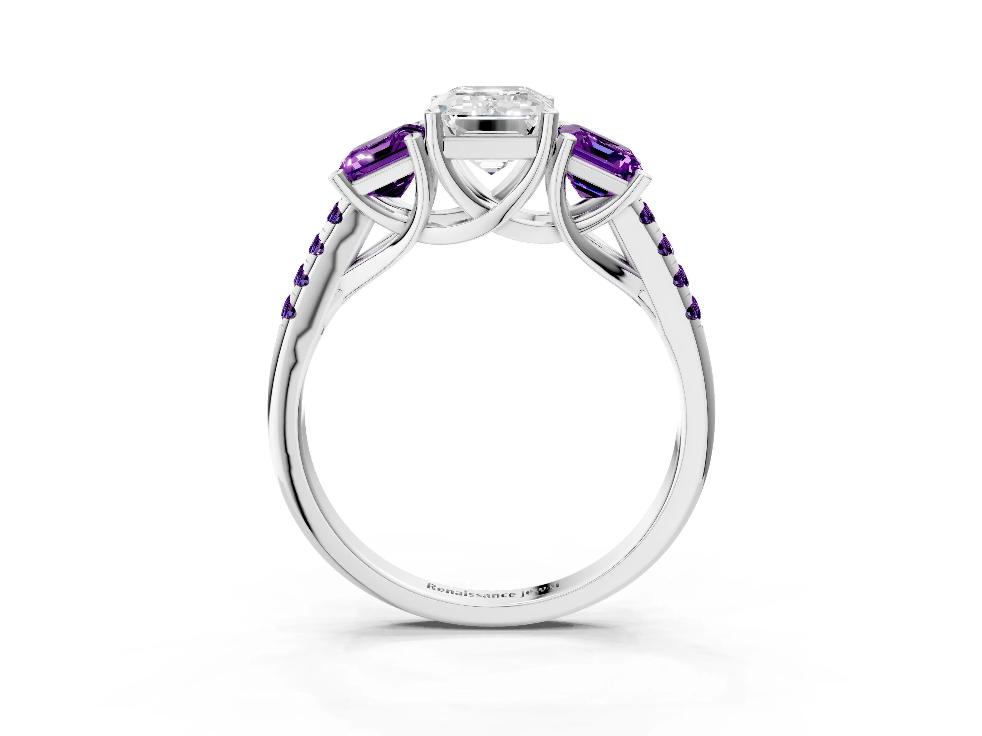 White gold Three-Stone Emerald Cut Diamond Ring with Round with Amethyst side stone Pavé Band and Prong Setting_3
