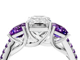 White gold Three-Stone Emerald Cut Diamond Ring with Round with Amethyst side stone Pavé Band and Prong Setting_4