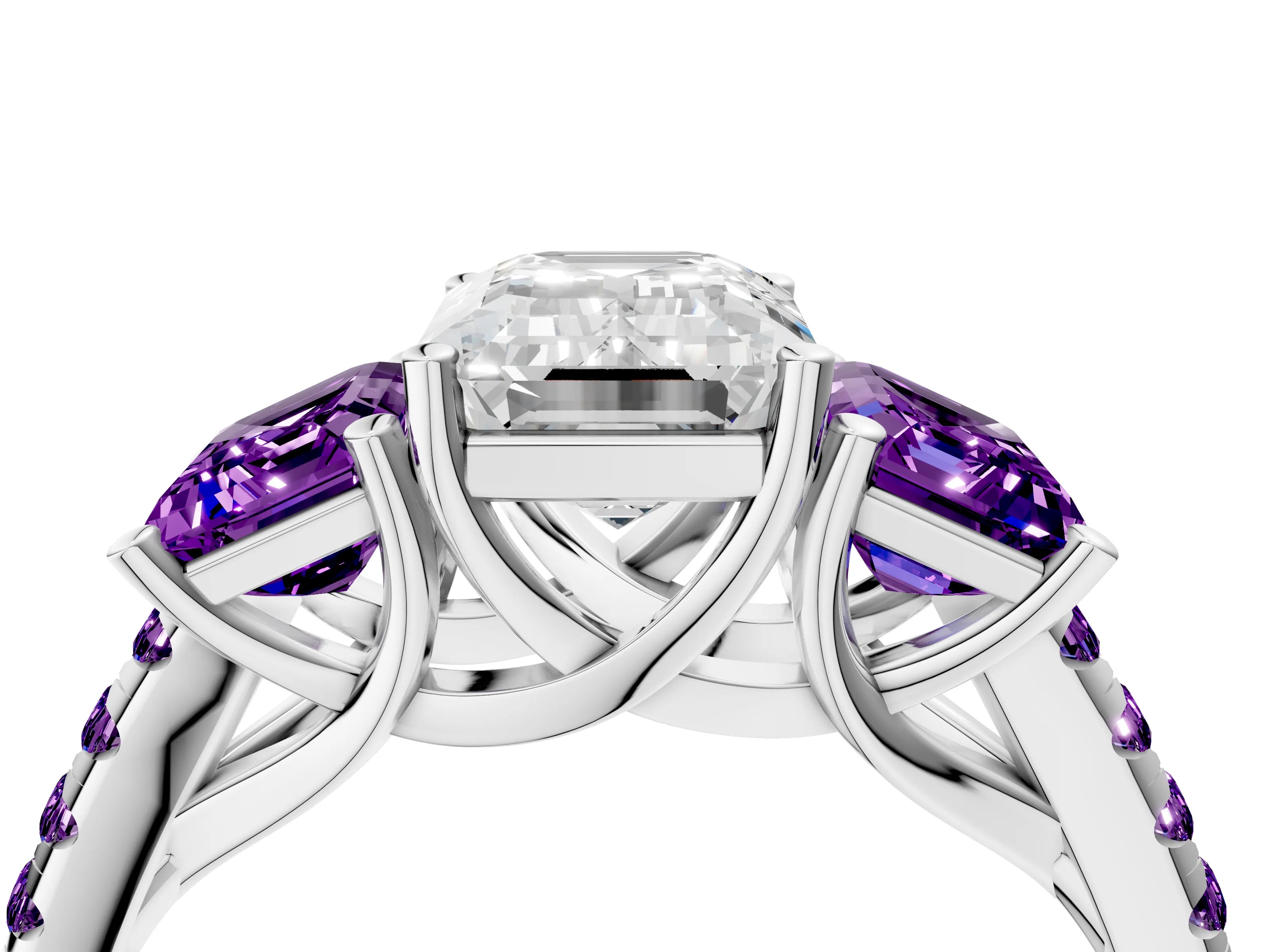 White gold Three-Stone Emerald Cut Diamond Ring with Round with Amethyst side stone Pavé Band and Prong Setting_4