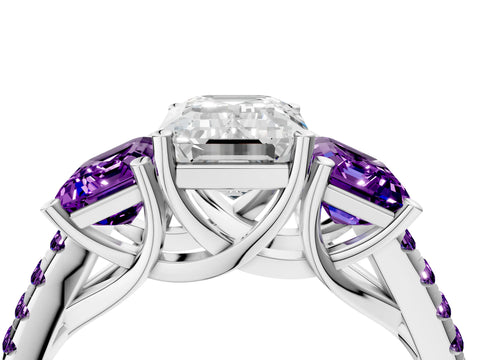 White gold Three-Stone Emerald Cut Diamond Ring with Round with Amethyst side stone Pavé Band and Prong Setting_4