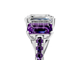 White gold Three-Stone Emerald Cut Diamond Ring with Round with Amethyst side stone Pavé Band and Prong Setting_5