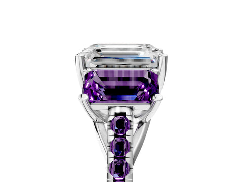 White gold Three-Stone Emerald Cut Diamond Ring with Round with Amethyst side stone Pavé Band and Prong Setting_5