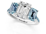 White gold Three-Stone Emerald Cut Diamond Ring with Round with Aquamarine side stone Pavé Band and Prong Setting_1