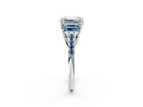 White gold Three-Stone Emerald Cut Diamond Ring with Round with Aquamarine side stone Pavé Band and Prong Setting_14