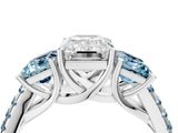 White gold Three-Stone Emerald Cut Diamond Ring with Round with Aquamarine side stone Pavé Band and Prong Setting_16
