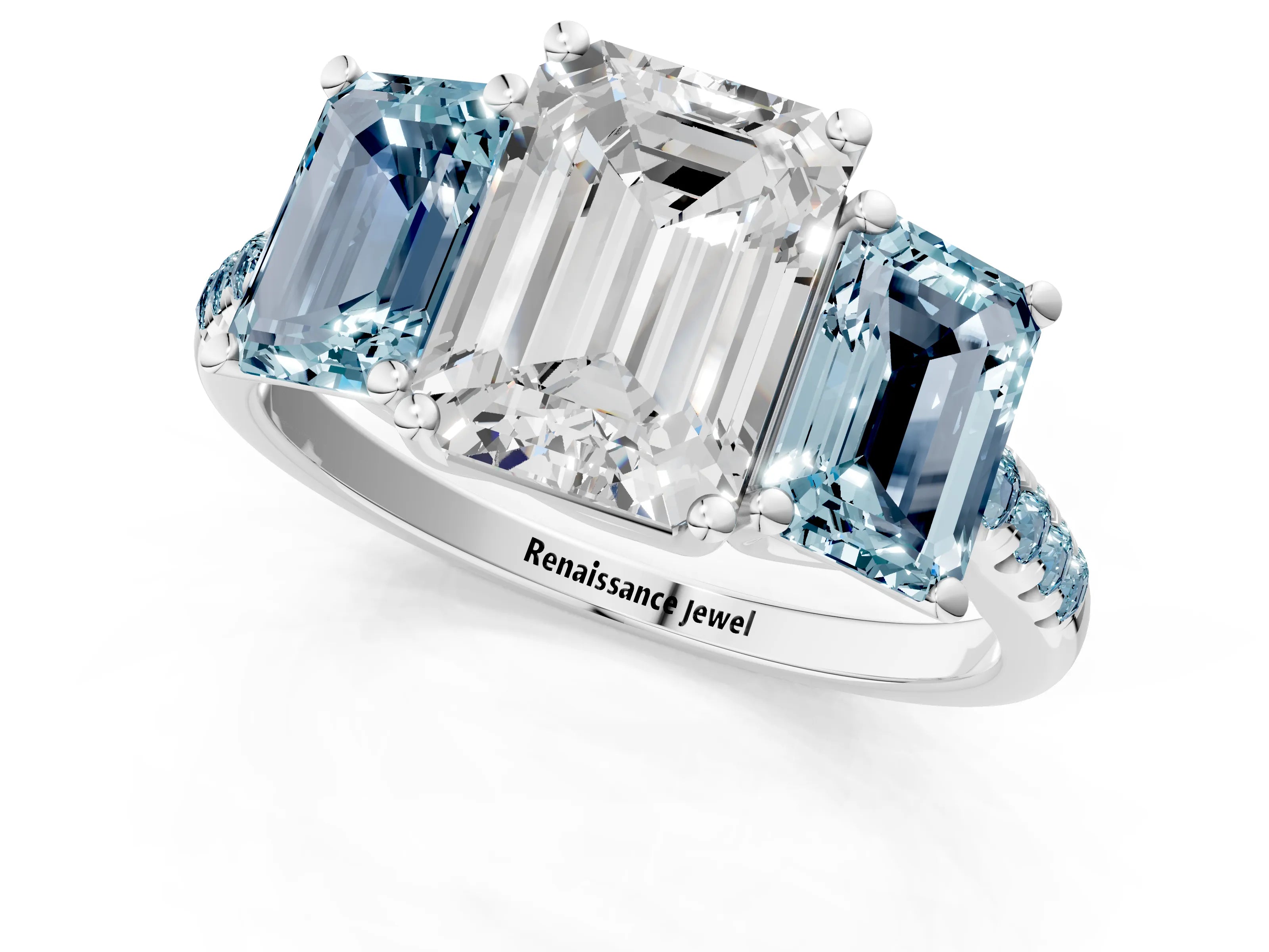White gold Three-Stone Emerald Cut Diamond Ring with Round with Aquamarine side stone Pavé Band and Prong Setting_1