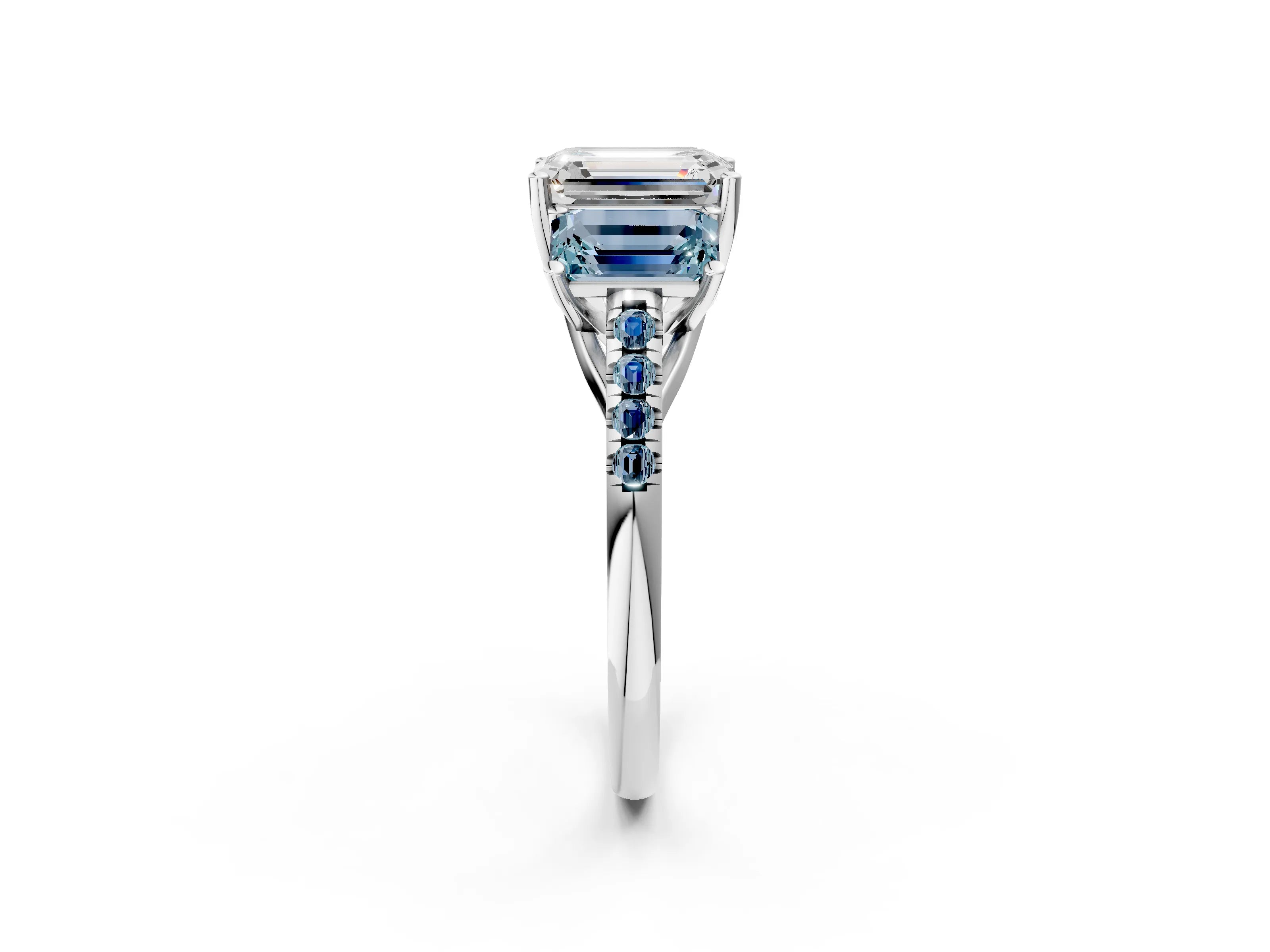 White gold Three-Stone Emerald Cut Diamond Ring with Round with Aquamarine side stone Pavé Band and Prong Setting_2