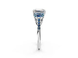 White gold Three-Stone Emerald Cut Diamond Ring with Round with Aquamarine side stone Pavé Band and Prong Setting_2