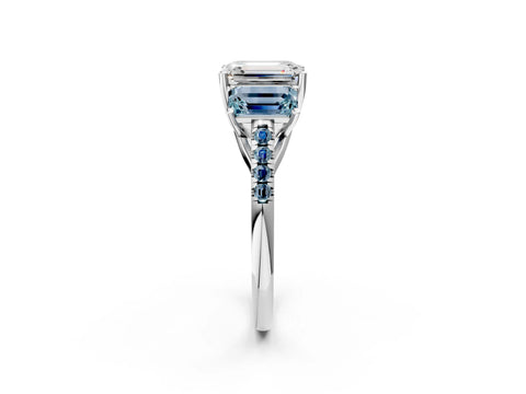 White gold Three-Stone Emerald Cut Diamond Ring with Round with Aquamarine side stone Pavé Band and Prong Setting_2