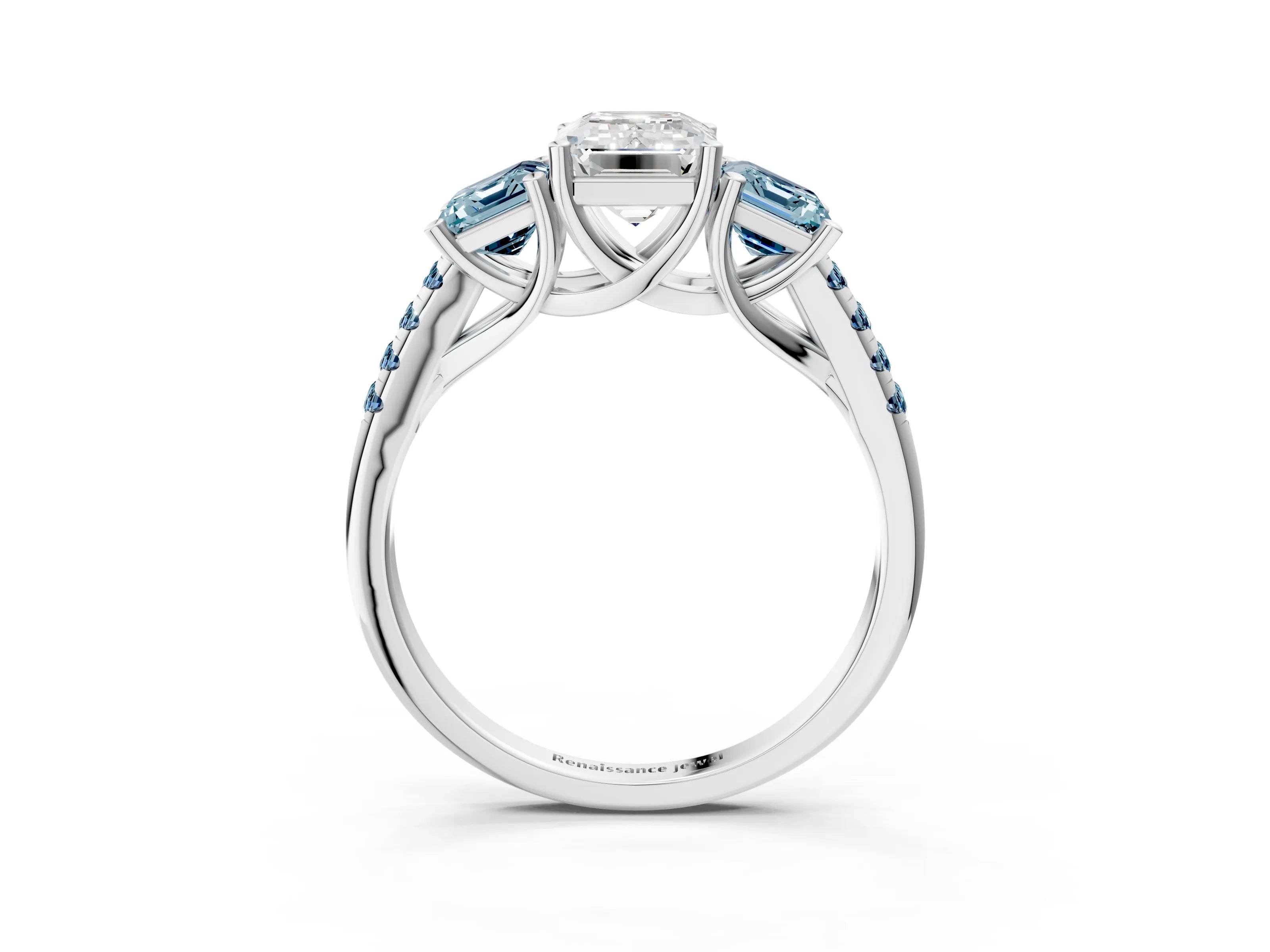 White gold Three-Stone Emerald Cut Diamond Ring with Round with Aquamarine side stone Pavé Band and Prong Setting_3