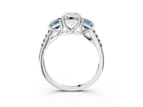 White gold Three-Stone Emerald Cut Diamond Ring with Round with Aquamarine side stone Pavé Band and Prong Setting_3