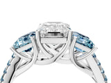 White gold Three-Stone Emerald Cut Diamond Ring with Round with Aquamarine side stone Pavé Band and Prong Setting_4