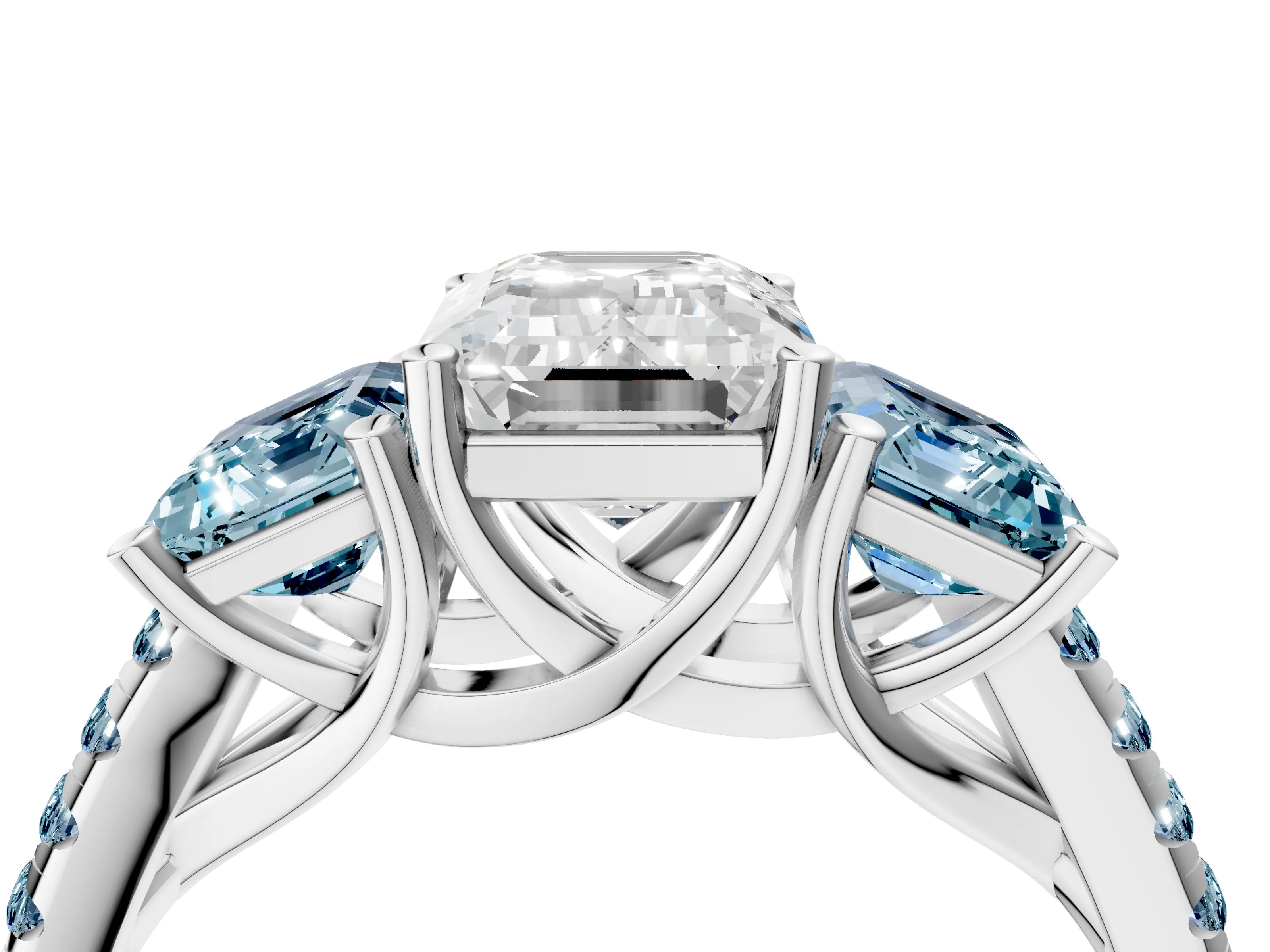 White gold Three-Stone Emerald Cut Diamond Ring with Round with Aquamarine side stone Pavé Band and Prong Setting_4