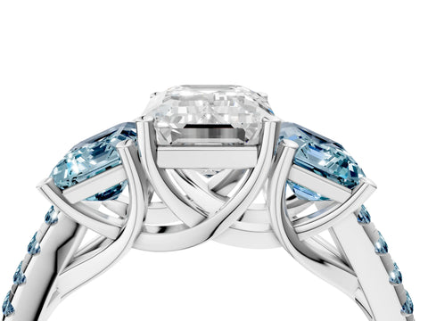 White gold Three-Stone Emerald Cut Diamond Ring with Round with Aquamarine side stone Pavé Band and Prong Setting_4