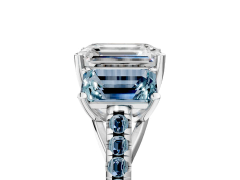 White gold Three-Stone Emerald Cut Diamond Ring with Round with Aquamarine side stone Pavé Band and Prong Setting_5
