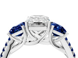 White gold Three-Stone Emerald Cut Diamond Ring with Round with Blue Sapphire side stone Pavé Band and Prong Setting_16